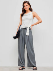 Solid Belted Straight Leg Trousers