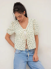 Cotton-blend V-neck Floral Tie Front Blouse
