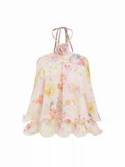Chiffon Floral Halter Neckline Applique layered Ruffle Hem Top
