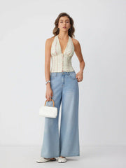 Cotton Floral Graphic Halter Neck Lace Trim Shirred Cami Blouse