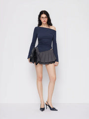 Cotton-blend Asymmetrical Neckline Bell Sleeve Ruched Top