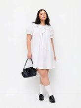 Cotton-blend Peter Pan Collar Puff Sleeve Lace Trim Mini Dress Curve & Plus