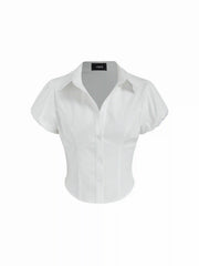 Stretch Cotton-blend Puff Sleeve Crop Blouse