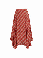 Chiffon Mid Rise Tartan Ruffle Hem Lettuce Trim Maxi Skirt