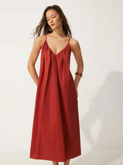 Cotton V-neck Tie Front Flared Maxi Dress