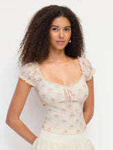 Floral Sweetheart Neckline Ruched Lace Trim Tie Front Top