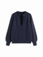 Cable Knit Textured V-neck Long Sleeve Top