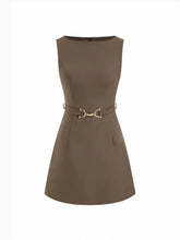 Boat Neck Metal Detail Zipper Mini Dress With Belt