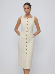 Cotton Square Neck Button Through Tie Back Straight Midi Dress