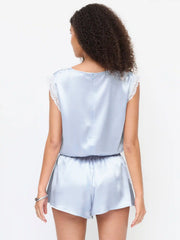 Satin V-neck Lace Trim High Rise Micro Romper