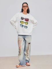 Terry Round Neckline Glasses Graphic Oversized Sweatshirt