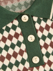 Knit Polo Collar Argyle Pattern Top