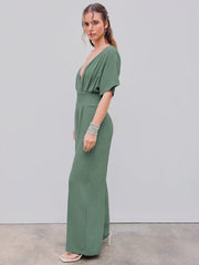 Linen-blend V-neck Solid Corset Middle Sleeve Pocket Jumpsuit