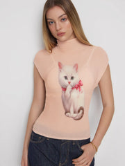 Textured High Neck Cat Graphic Short Sleeve Tee