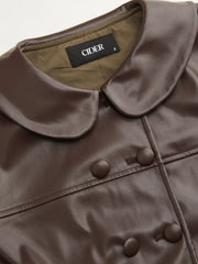 Faux Leather Peter Pan Collar Button Short Sleeve Crop Blouse