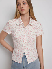 Cotton-blend Ditsy Floral Lace Trim Ruched Button Short Sleeve Blouse