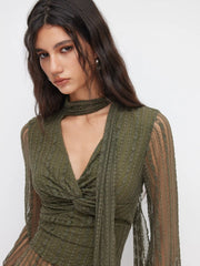 Texture V-neck Flare Sleeve Twist See-through Top With Scarf