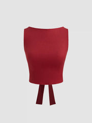 Linen-blend Boat Neckline Solid Knotted Crop Top With Low Rise Solid Mini Skirt