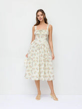 Floral Square Neck Bowknot Ruched Flared Maxi Tank Dress