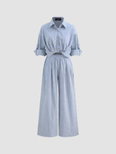 Cotton-blend Collar Solid Striped Knotted Roll-up Sleeve Jumpsuit