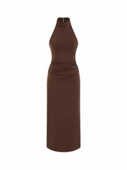 Jersey Halter Neck Ruched Zipper Maxi Dress
