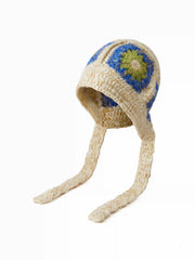 FLOWER PRINT LACE UP KNITTED HAT