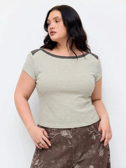 Cotton-blend Striped Boat Neck Short Sleeve Tee Curve & Plus