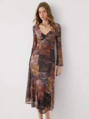 Mesh V-neck Floral Asymmetrical Hem Twist Maxi Dress