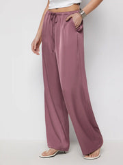 Satin Drawstring Mid Rise Wide Leg Trousers