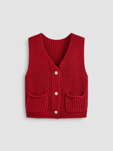 Knit V-neck Solid Metal Button Pocket Crop Vest