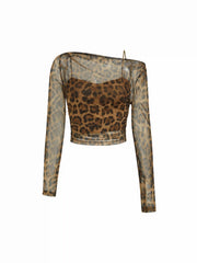 Mesh Leopard Boat Neck Long Sleeve See-through Top With Cami Top