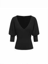 Cotton-blend V-neck Middle Lantern Sleeve Top