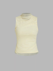 Mesh Patchy Turtle Neck Solid Ruched Crop Top