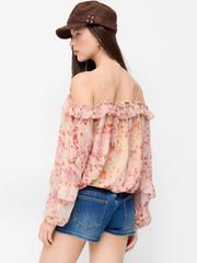Chiffon Floral Off-shoulder Puff Sleeve Ruffled Oversized Blouse
