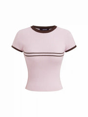 Knit Round Neckline Short Sleeve Contrasting Binding Top