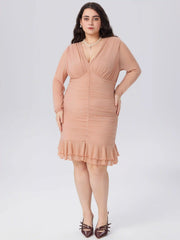 V Neck Ruched Ruffle Mini Dress Curve & Plus