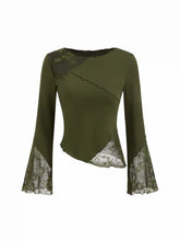 Cotton-blend Boat Neck Patched Asymmetrical Hem Long Sleeve Top