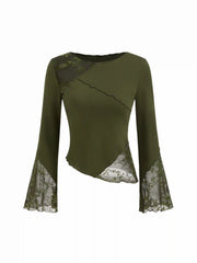 Cotton-blend Boat Neck Patched Asymmetrical Hem Long Sleeve Top