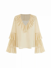 Chiffon V-Neck Ruffled Tiered Sleeve Oversized Blouse