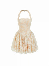 Floral Lace Halter Neckline Ruffled Flared Mini Dress