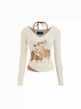 Deer Graphic V-neck Long Sleeve Two Tone Ruched Tee