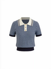 Knit Stripes Polo Neck Colorblock Short Sleeve Top