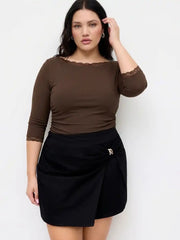 Stretch Denim Mid Rise Ruched Metal Detail Mini Skirt Curve & Plus