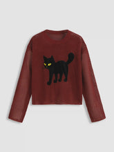 Knit Round Neckline Cat Graphic Hollow Out See-through Oversized Top