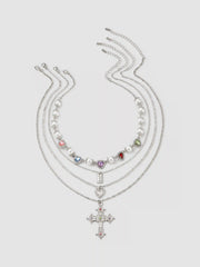 4PCS RHINESTONE DECOR CROSS & HEART & SQUARE PENDANT & HEART RHINESTONE & FAUX PEARL NECKLACE SET