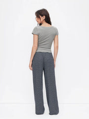 V-Neck Striped Top & Mid Rise Drawstring Wide Leg Trousers Set
