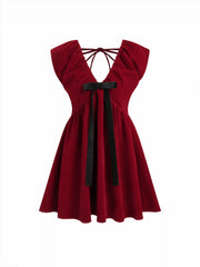 Velvet V-neck Bow Detail A-line Mini Dress