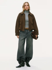 Suede Collar Zip Through Drawstring Long Sleeve Jacket