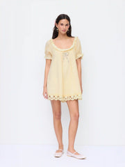 Cotton-blend Floral Graphic Scoop Neck Puff Sleeve Lace Babydoll Mini Dress