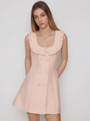 Button-front Ruffled Lace Collar Sleeveless Mini Dress